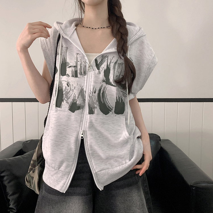 プリンティングフードジップアップベスト MELANGE WHITE