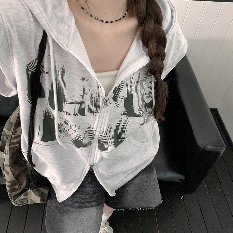 プリンティングフードジップアップベスト MELANGE WHITE