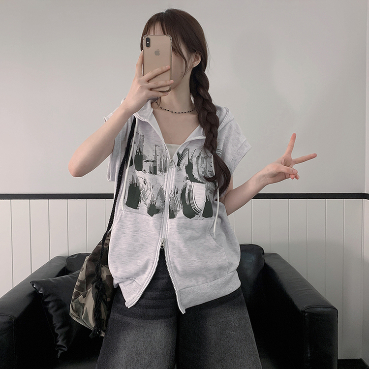 プリンティングフードジップアップベスト MELANGE WHITE