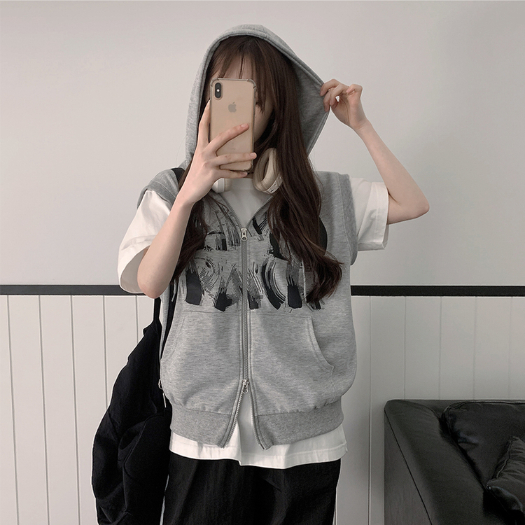 プリンティングフードジップアップベスト GREY