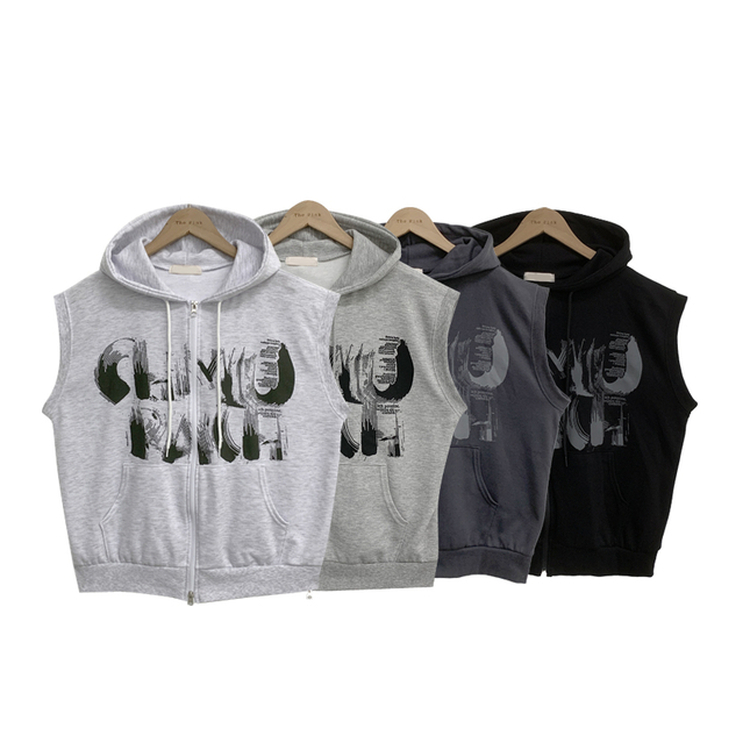 プリンティングフードジップアップベスト