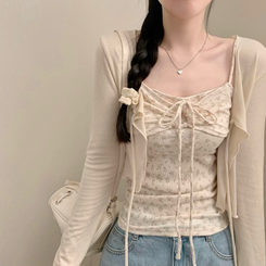 모리걸 잔꽃 자개 리본 끈나시 가디건 세트 보헤미안 히피 베이지