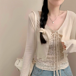 모리걸 잔꽃 자개 리본 끈나시 가디건 세트 보헤미안 히피 베이지