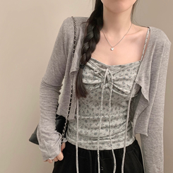 모리걸 잔꽃 자개 리본 끈나시 가디건 세트 보헤미안 히피 그레이