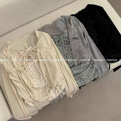 모리걸 잔꽃 자개 리본 끈나시 가디건 세트 보헤미안 히피