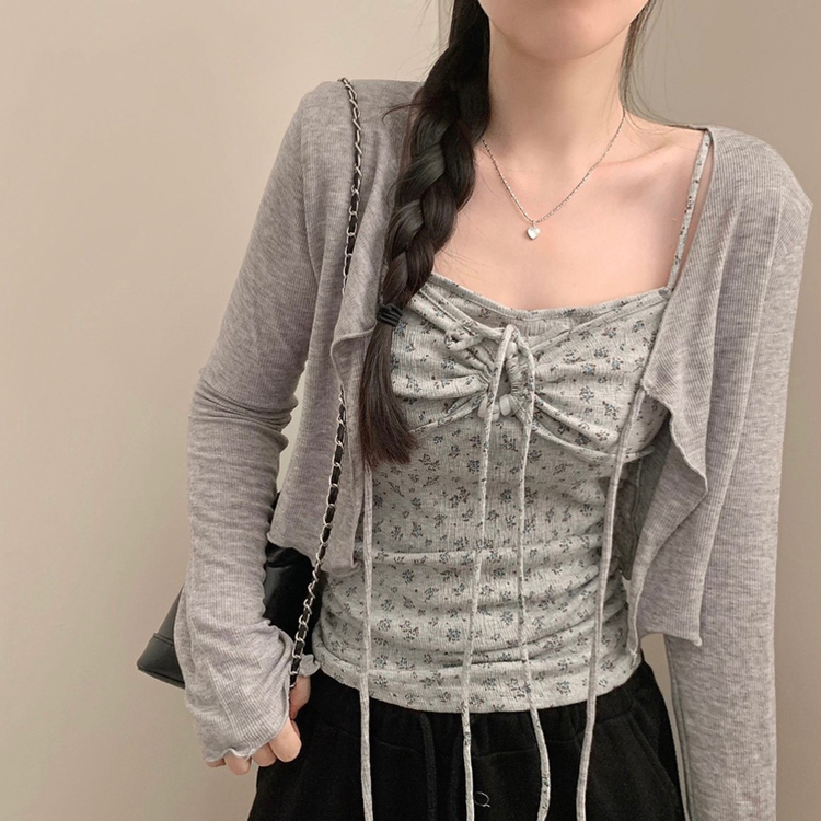 모리걸 잔꽃 자개 리본 끈나시 가디건 세트 보헤미안 히피 그레이