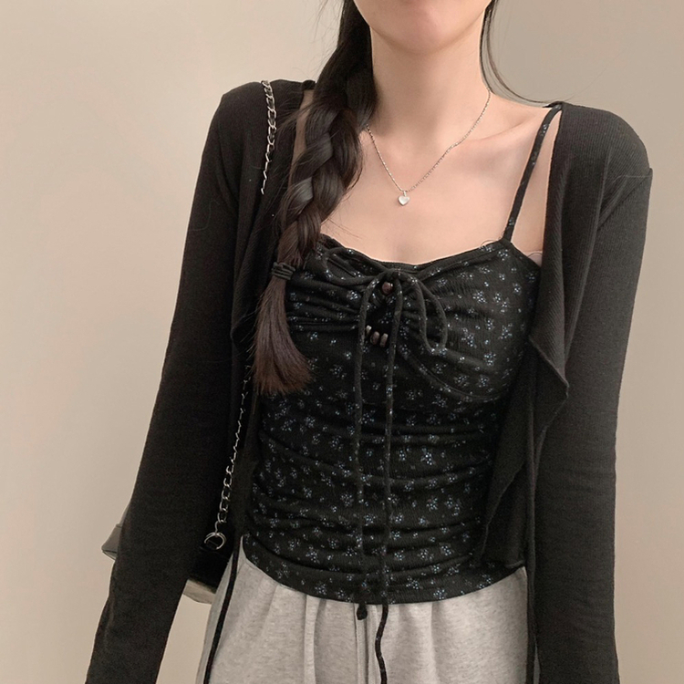 모리걸 잔꽃 자개 리본 끈나시 가디건 세트 보헤미안 히피 블랙