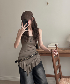 ノースリーブ フリルアンバランスキャミソール KHAKI