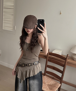 ノースリーブ フリルアンバランスキャミソール KHAKI