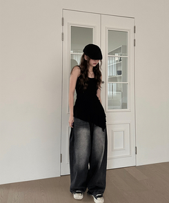 ノースリーブ フリルアンバランスキャミソール BLACK