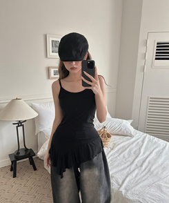 ノースリーブ フリルアンバランスキャミソール BLACK