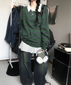 ストライプラグビーTシャツ(5color) KHAKI