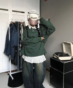 ストライプラグビーTシャツ(5color) KHAKI