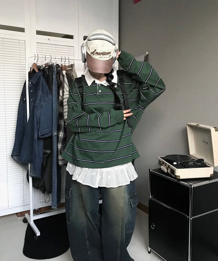 ストライプラグビーTシャツ(5color) KHAKI