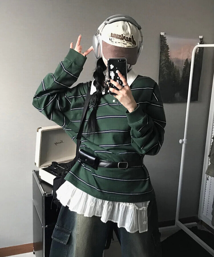 ストライプラグビーTシャツ(5color) KHAKI
