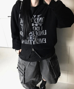 ジャンパー ニットフードジップアップ BLACK