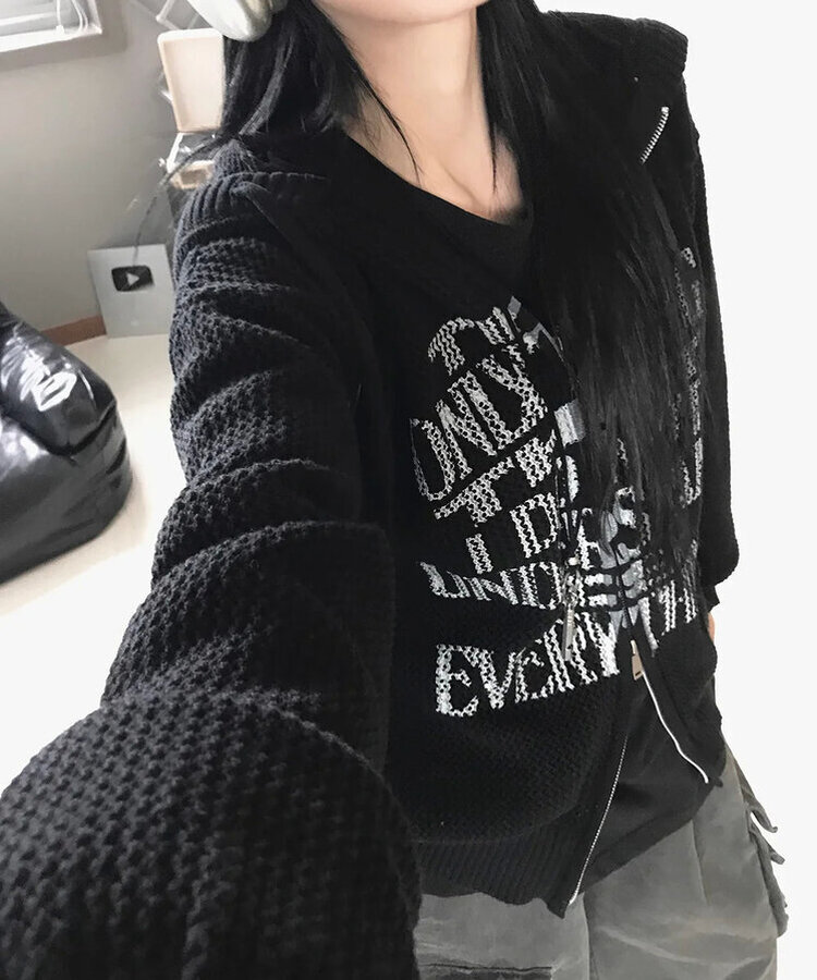 ジャンパー ニットフードジップアップ BLACK