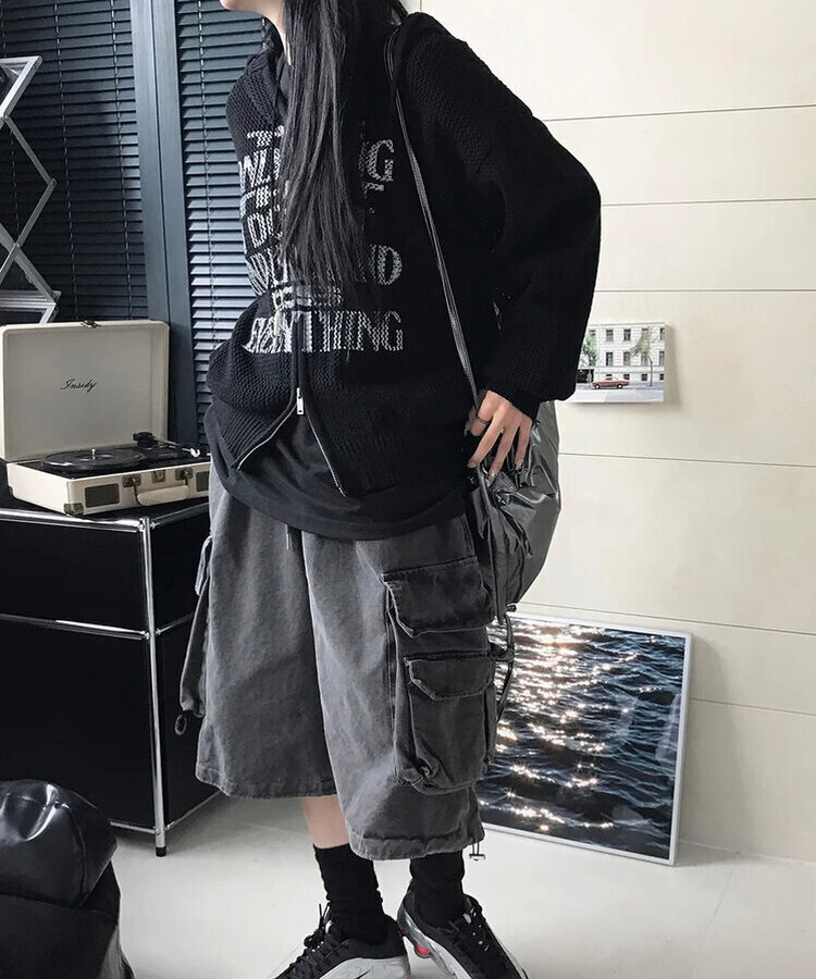 ニットフードジップアップ BLACK
