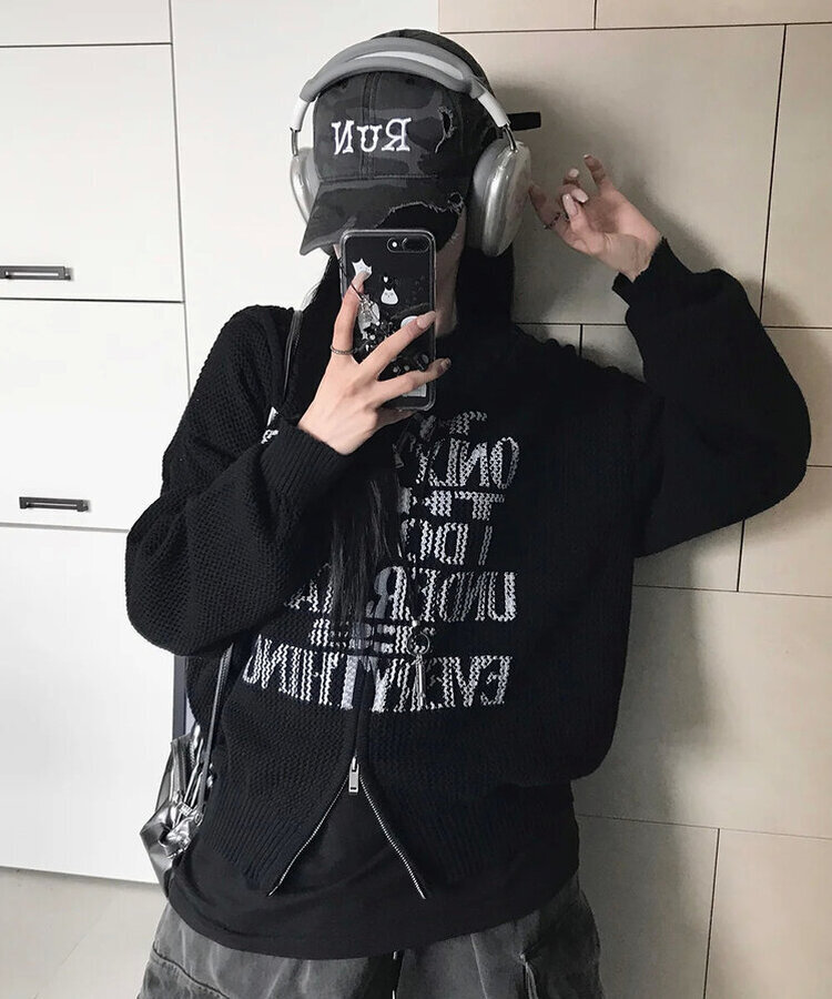 ニットフードジップアップ BLACK
