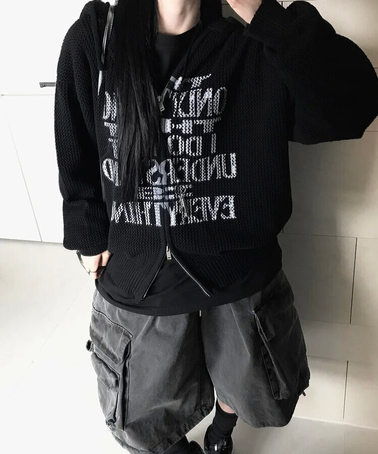 ニットフードジップアップ BLACK