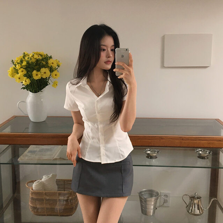 スリムフィット半袖ブラウスシャツ IVORY