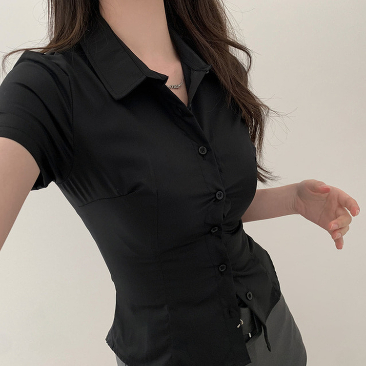 スリムフィット半袖ブラウスシャツ BLACK