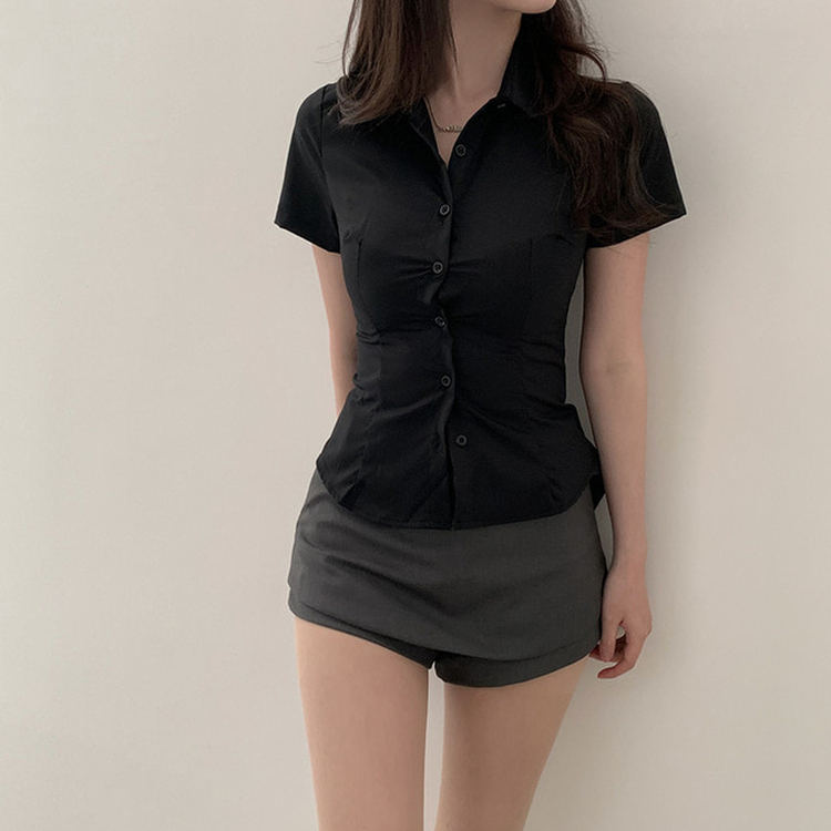 スリムフィット半袖ブラウスシャツ BLACK