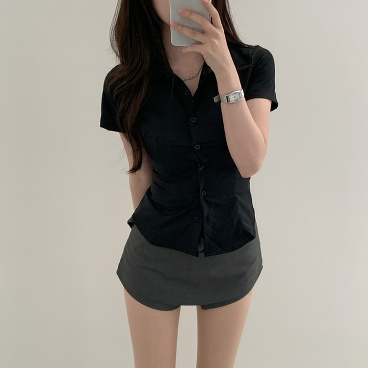 スリムフィット半袖ブラウスシャツ BLACK