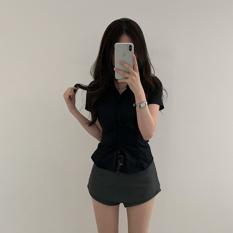 スリムフィット半袖ブラウスシャツ BLACK