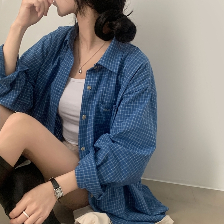 Made 포든 오버핏 체크 루즈 셔츠남방 4color 블루