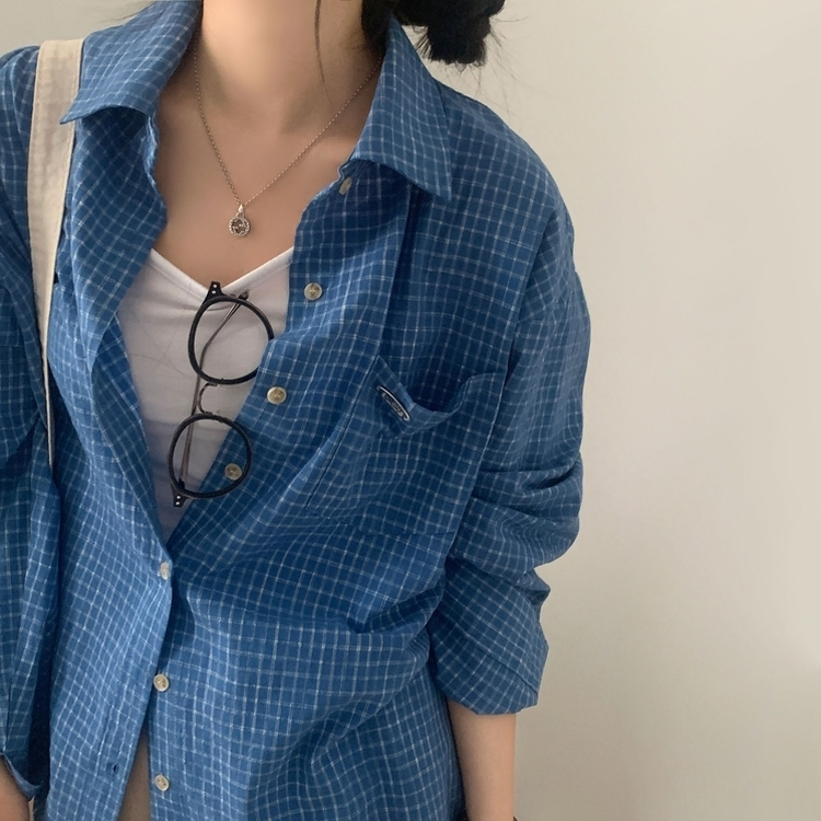 Made 포든 오버핏 체크 루즈 셔츠남방 4color 블루