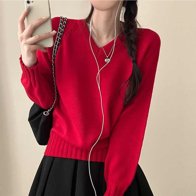 메이 시보리 브이넥 루즈핏 니트 레드