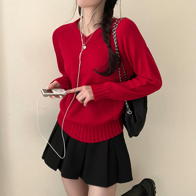 메이 시보리 브이넥 루즈핏 니트 레드