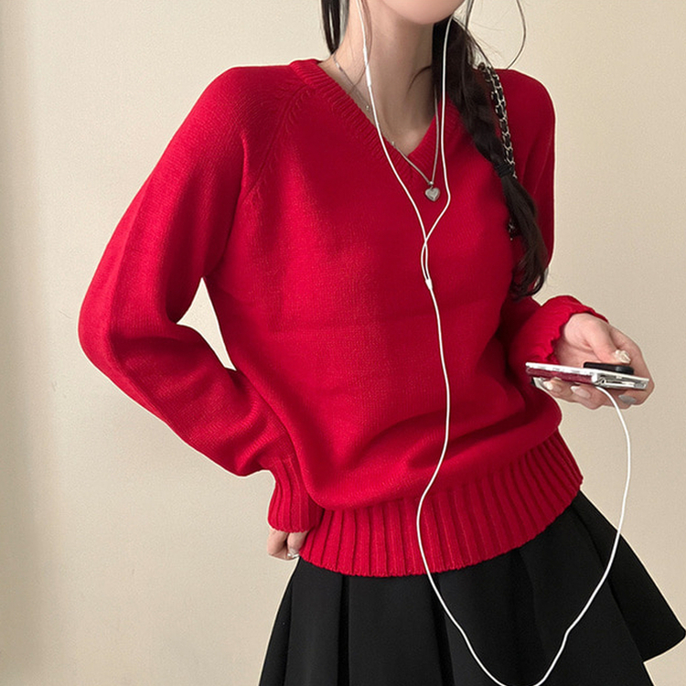 메이 시보리 브이넥 루즈핏 니트 레드