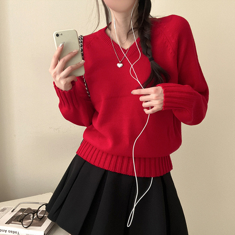 메이 시보리 브이넥 루즈핏 니트 레드