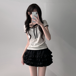 ツーピース 【SET着用可能】リボン半袖Tシャツ ティアードミニスカート IVORY