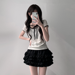 ツーピース 【SET着用可能】リボン半袖Tシャツ ティアードミニスカート IVORY