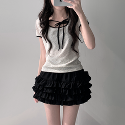 ツーピース 【SET着用可能】リボン半袖Tシャツ ティアードミニスカート IVORY