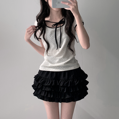 ツーピース 【SET着用可能】リボン半袖Tシャツ ティアードミニスカート IVORY