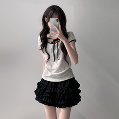 ツーピース 【SET着用可能】リボン半袖Tシャツ ティアードミニスカート IVORY