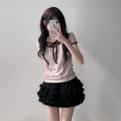 ツーピース 【SET着用可能】リボン半袖Tシャツ ティアードミニスカート PINK