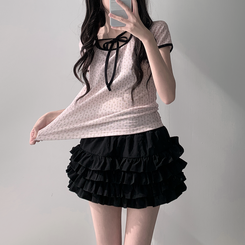 ツーピース 【SET着用可能】リボン半袖Tシャツ ティアードミニスカート PINK