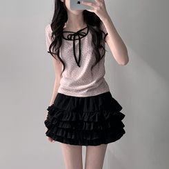 ツーピース 【SET着用可能】リボン半袖Tシャツ ティアードミニスカート PINK