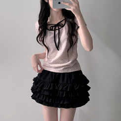 ツーピース 【SET着用可能】リボン半袖Tシャツ ティアードミニスカート PINK