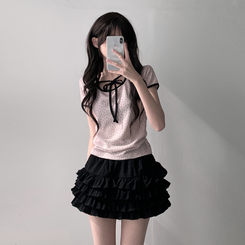 ツーピース 【SET着用可能】リボン半袖Tシャツ ティアードミニスカート PINK