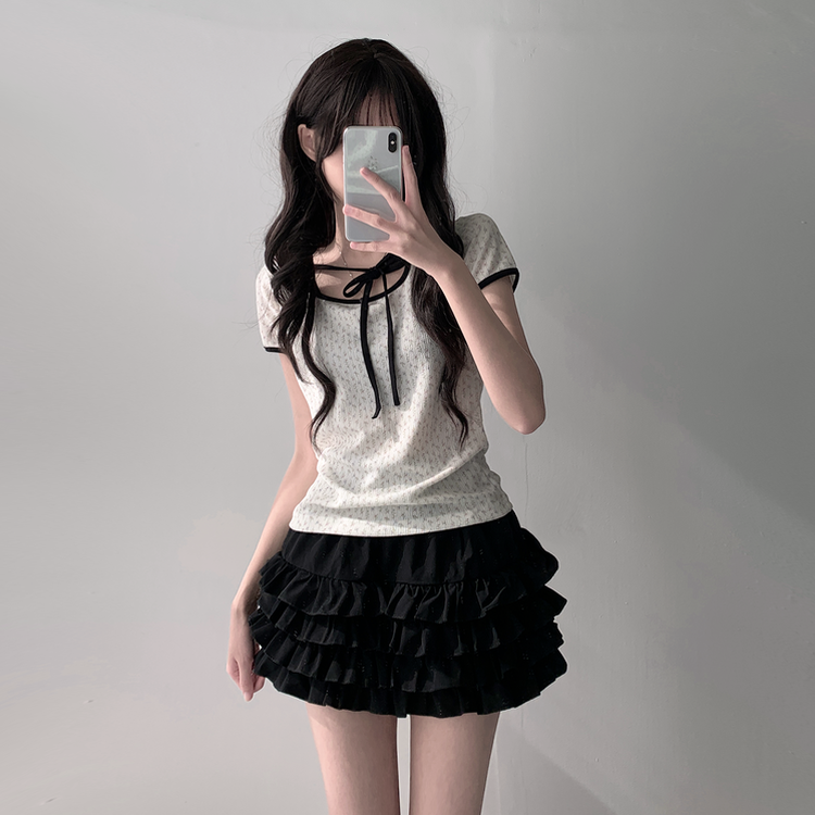 【SET着用可能】リボン半袖Tシャツ ティアードミニスカート IVORY