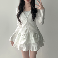 ツーピース 【SET着用可能】リボンレースキャミソール ボタンカーディガン レースミニスカート(6color) IVORY-TOP