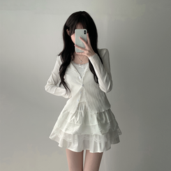 ツーピース 【SET着用可能】リボンレースキャミソール ボタンカーディガン レースミニスカート(6color) IVORY-TOP