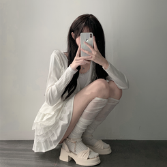 ツーピース 【SET着用可能】リボンレースキャミソール ボタンカーディガン レースミニスカート(6color) IVORY-TOP
