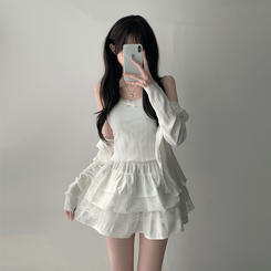 ツーピース 【SET着用可能】リボンレースキャミソール ボタンカーディガン レースミニスカート(6color) IVORY-TOP